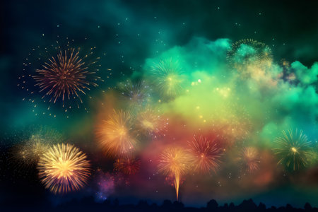 Colorful fireworks background with space for your text. Vector illustration.の素材