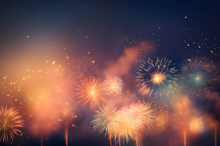 Colorful fireworks of various colors over night sky background with space for textの素材