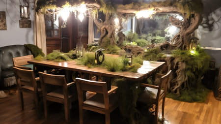 Interior of a restaurant with wooden tables, chairs and decorative plants.の素材