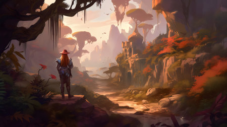 Fantasy landscape with a man in the jungle. Digital painting.の素材