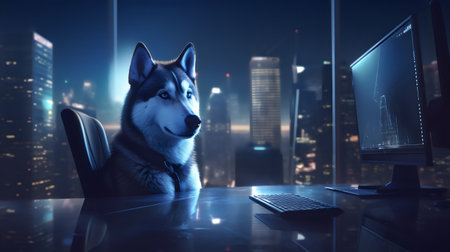 Portrait of a beautiful Siberian Husky dog sitting at the table with a computer on the background of the night cityの素材