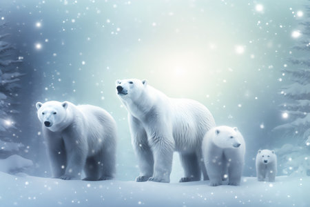 Three polar bears in the snow. 3D rendering. Toned.の素材