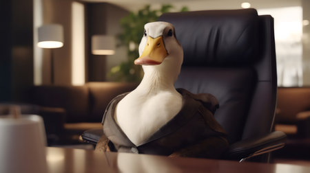 duck in a leather jacket sits on a chair in a cafeの素材