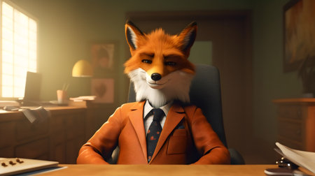 Portrait of a fox in a business suit sitting at the tableの素材