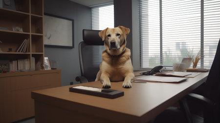 Labrador retriever dog sitting on a desk in an office.の素材