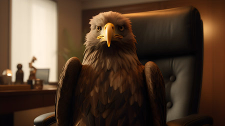 Beautiful eagle sitting on chair in office, closeup. Space for textの素材