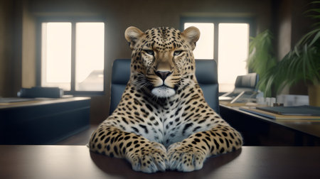 Leopard sitting on a desk in the office. 3d renderingの素材