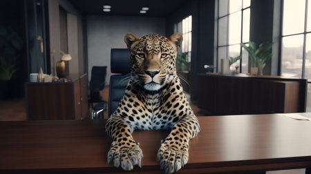Leopard sitting on the desk in the office. 3d renderingの素材