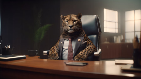 leopard in a suit sits at the table in the office.の素材