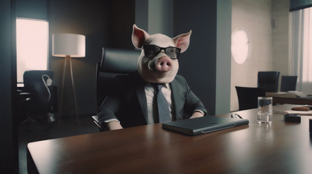 Funny piggy bank in a business suit and glasses sits at a table in the office.の素材