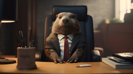 Funny otter in business suit and tie at table in officeの素材