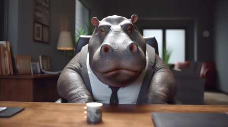 Hippopotamus in a suit sits at a table in the officeの素材