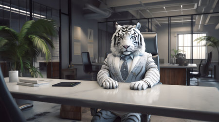 Businessman with a white tiger in his office. 3d renderingの素材