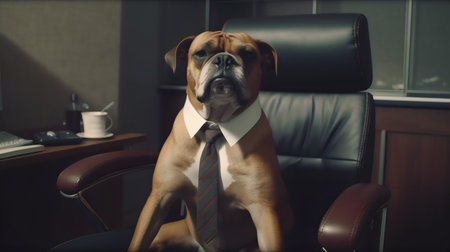 boxer dog in a business suit and tie sitting on a chairの素材