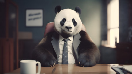 Businessman sitting at his desk with a giant panda in the officeの素材
