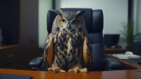 Owl sitting on a desk in an office with a computer in the backgroundの素材