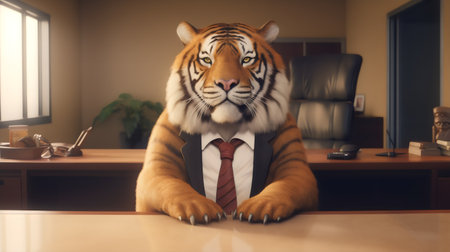 Businessman with tiger on the desk in the office, business conceptの素材