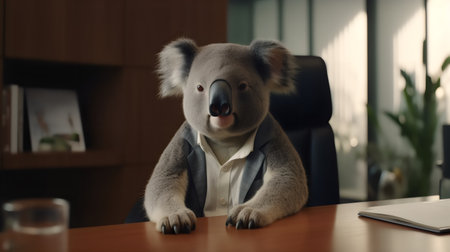 Cute koala sitting at desk in office and looking at cameraの素材