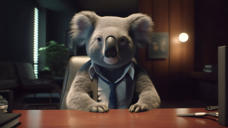 Cute koala sitting on the desk at night in the officeの素材