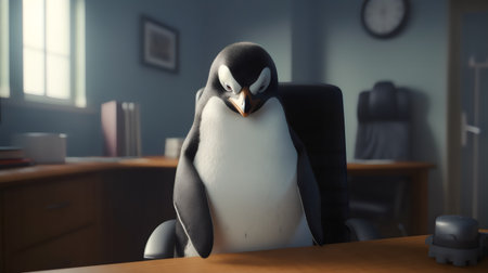 Penguin sitting on the desk in the office.の素材