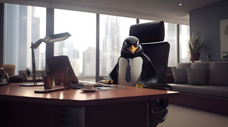 Penguin sitting on a table in a modern office. 3d renderingの素材