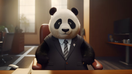 Businessman with giant panda sitting in office. 3d renderingの素材