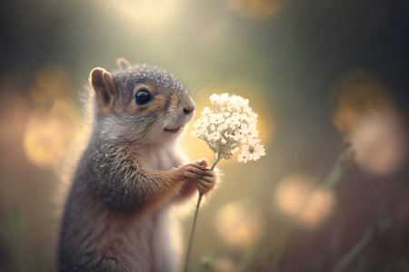 Squirrel in the meadow with a dandelion flower.の素材