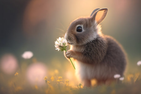 Cute little bunny on the meadow with dandelions.の素材