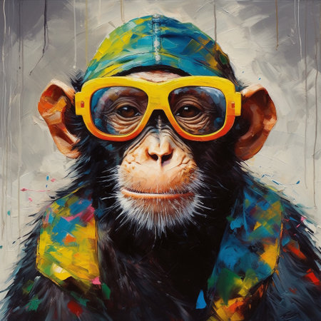 Portrait of a chimpanzee in aviator hat and goggles.の素材