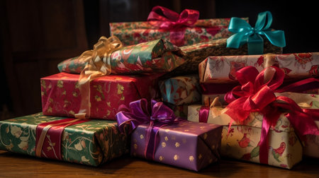 Gift boxes wrapped in colorful paper and tied with ribbons.の素材