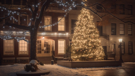 Decorated christmas tree in front of a house at nightの素材