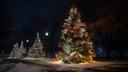 Beautiful christmas tree in the park at night. 3d renderingの素材