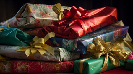 Christmas presents wrapped in colorful wrapping paper with ribbons and bows on dark backgroundの素材