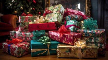 Christmas presents wrapped in colorful paper and tied with ribbons in the living roomの素材