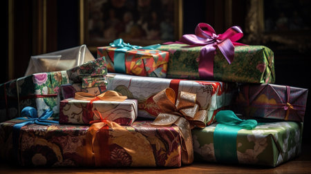 Gift boxes wrapped in colorful paper and tied with ribbons.の素材