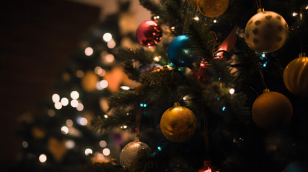 Christmas tree with ornaments, lights and bokeh backgroundの素材