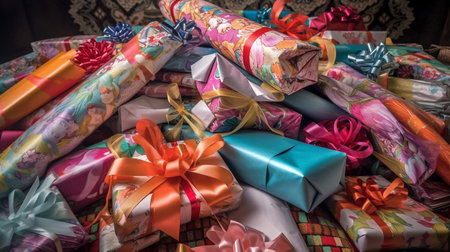 Colorful gifts for Christmas, birthday or other celebration lying on the floorの素材