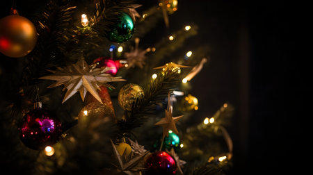 Christmas tree decorated with colorful ornaments and garlands on dark backgroundの素材