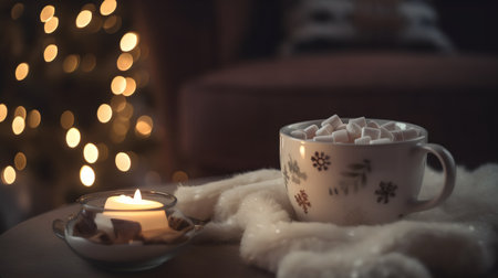 Cup of hot cocoa with marshmallows and burning candle in cozy living roomの素材