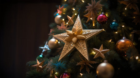 Christmas tree decorated with colorful ornaments and golden star on dark backgroundの素材