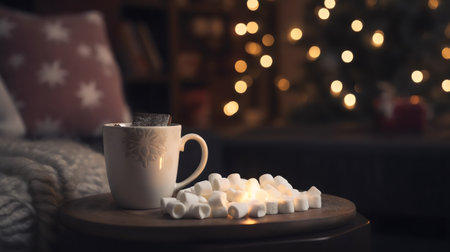 Cup of hot drink with marshmallow on table in room decorated for Christmasの素材