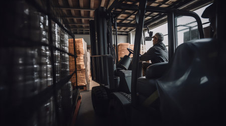 Forklift loader working in warehouse. This is a freight transportation and distribution warehouse. Industrial and industrial workersの素材