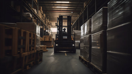 Forklift loader in warehouse cargo freight transportation and distribution warehouse.の素材