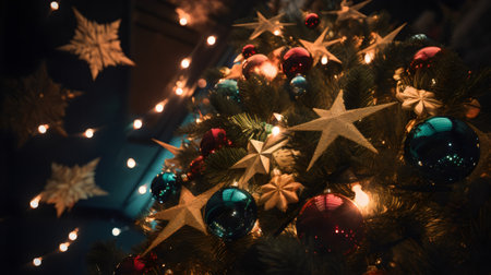 Christmas tree decorated with colorful ornaments and bokeh lightsの素材