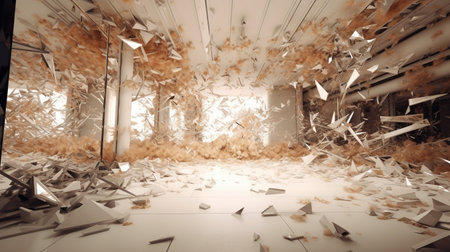 Abstract 3d rendering of broken glass. Futuristic interior background.の素材