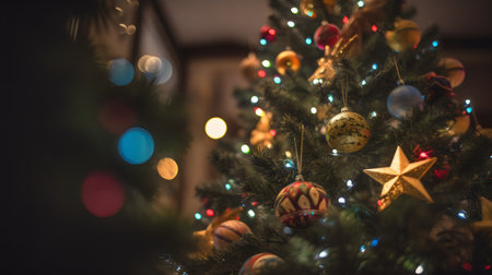 Decorated Christmas tree with colorful ornaments on blurred backgroundの素材