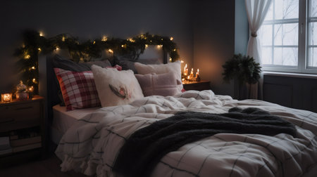 Interior of a bedroom with a Christmas tree on the background.の素材