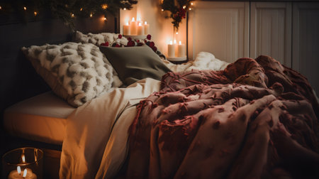 Christmas and New Year concept. Comfortable bed with pillows, plaids and candles on it.の素材