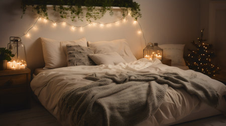 Comfortable bed with christmas lights and garland in bedroom at nightの素材