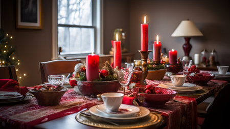 Christmas table setting with red candles and candlesticks in the living roomの素材